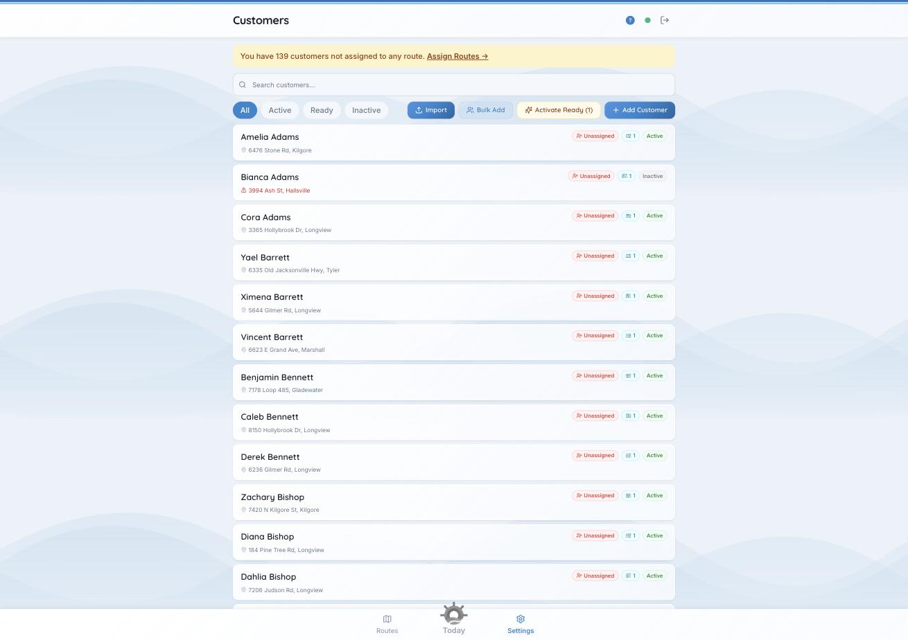 The Customers page with Active, Ready and Inactive tabs and an Activate Ready button