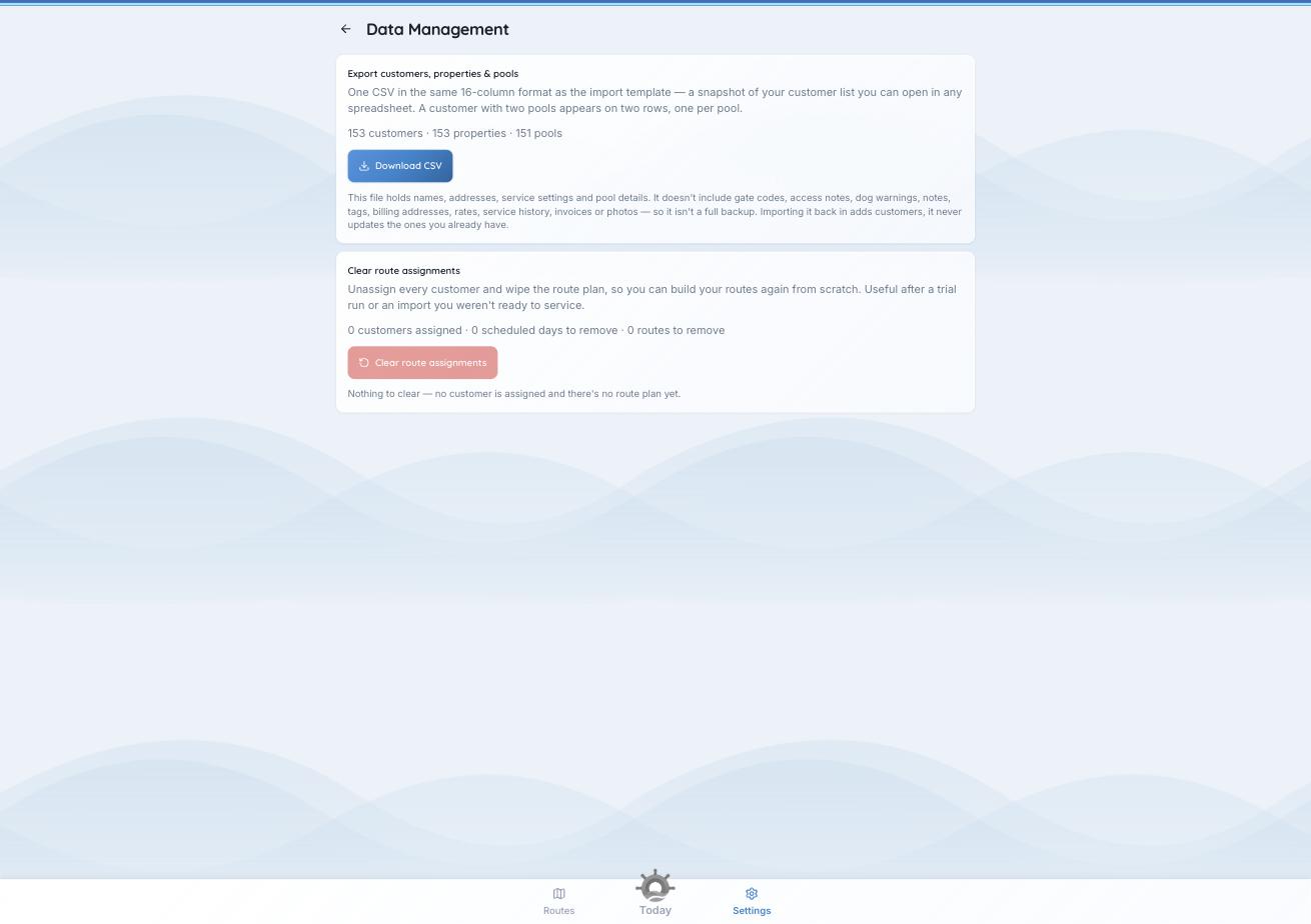The Data Management page with the export and clear-route-assignments sections