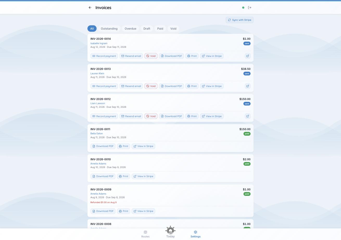 The Invoices list with status filters and per-invoice actions