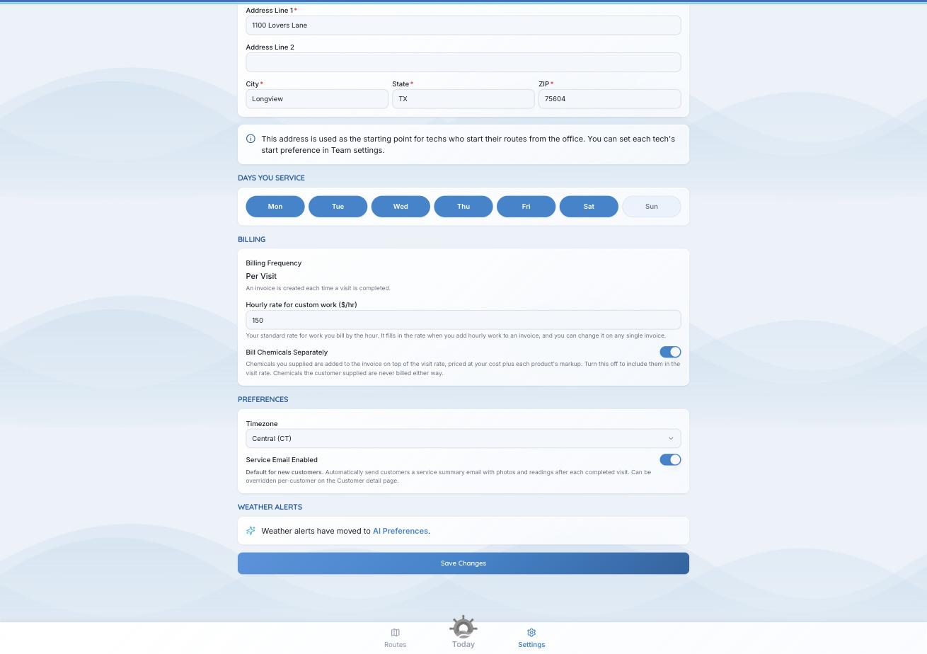 The billing section of Organization settings, including Bill Chemicals Separately