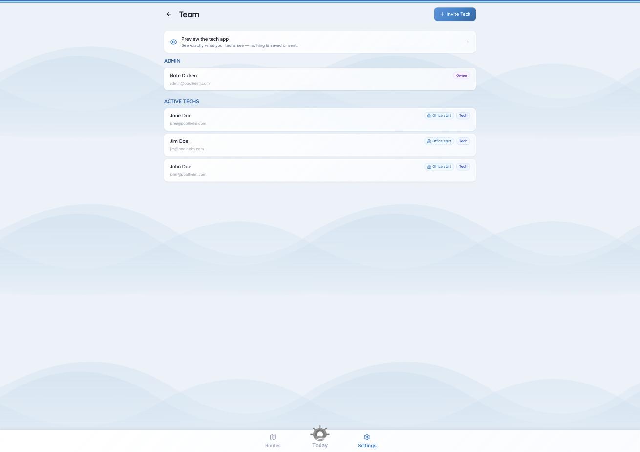 The Team page, showing Invite Tech and the tech-app preview